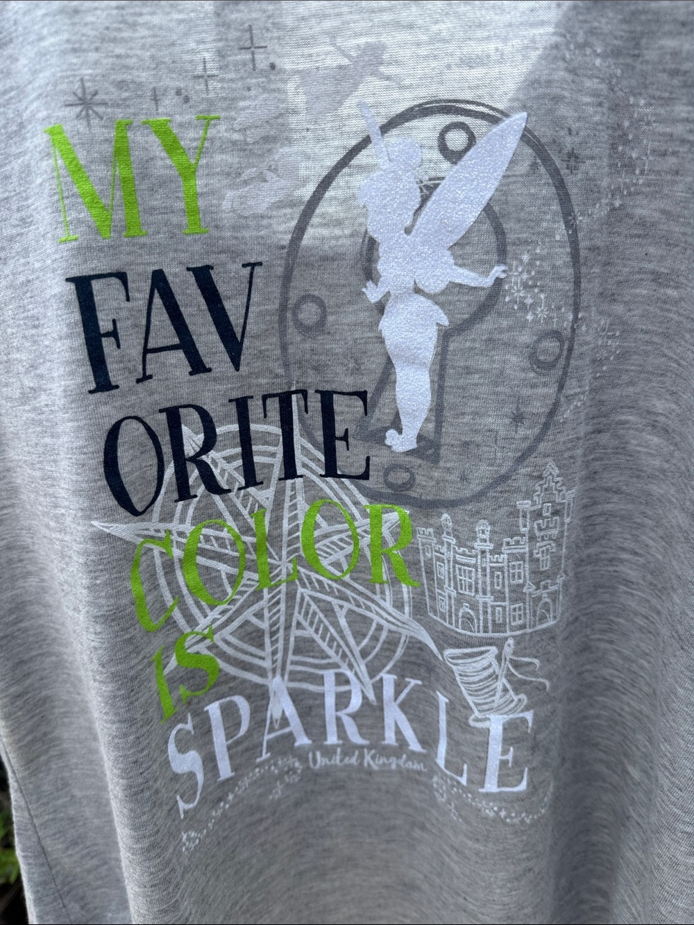 Disney Park Light Gray Short Sleeve Tee Neon Green/White Tinkerbell Graphic